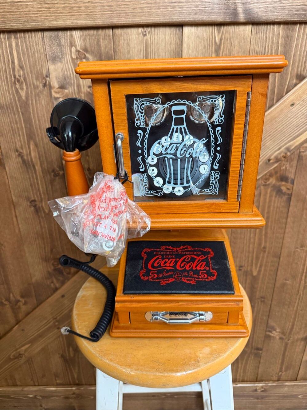 Coca-Cola Nostalgic Rotary Wall Phone Real Wood Frosted Glass See Pictures (9177